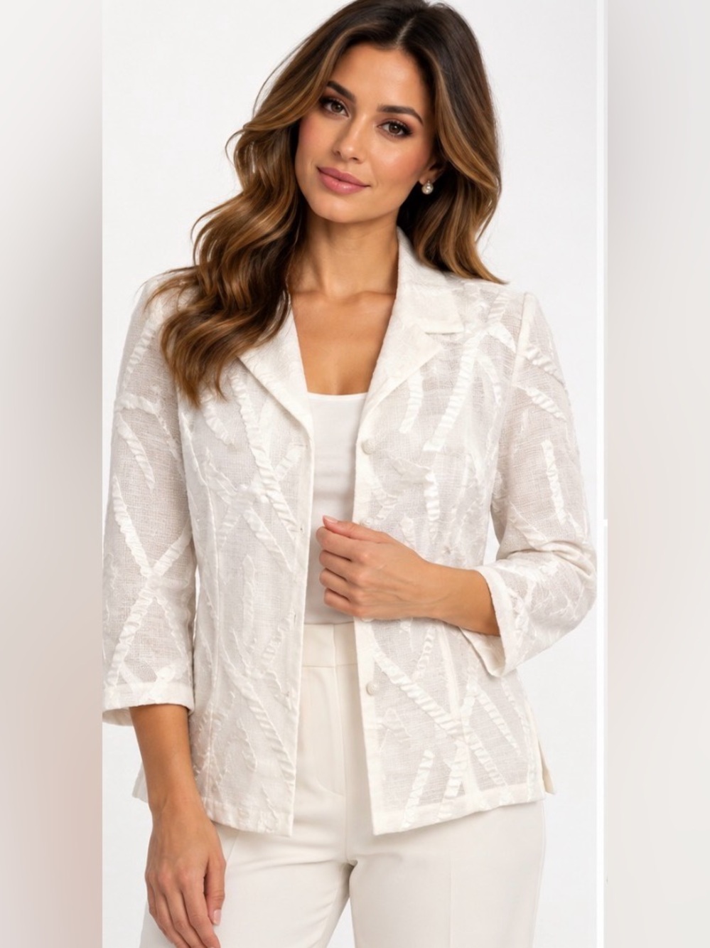 Connie Roberson NWT White PolySilk Jacquard Jacket Small $330 Made USA